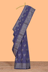 Blue floral zari motifs design raw silk saree with self zari border and contrast motifs blouse