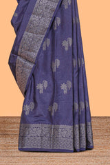 Blue floral zari motifs design raw silk saree with self zari border and contrast motifs blouse