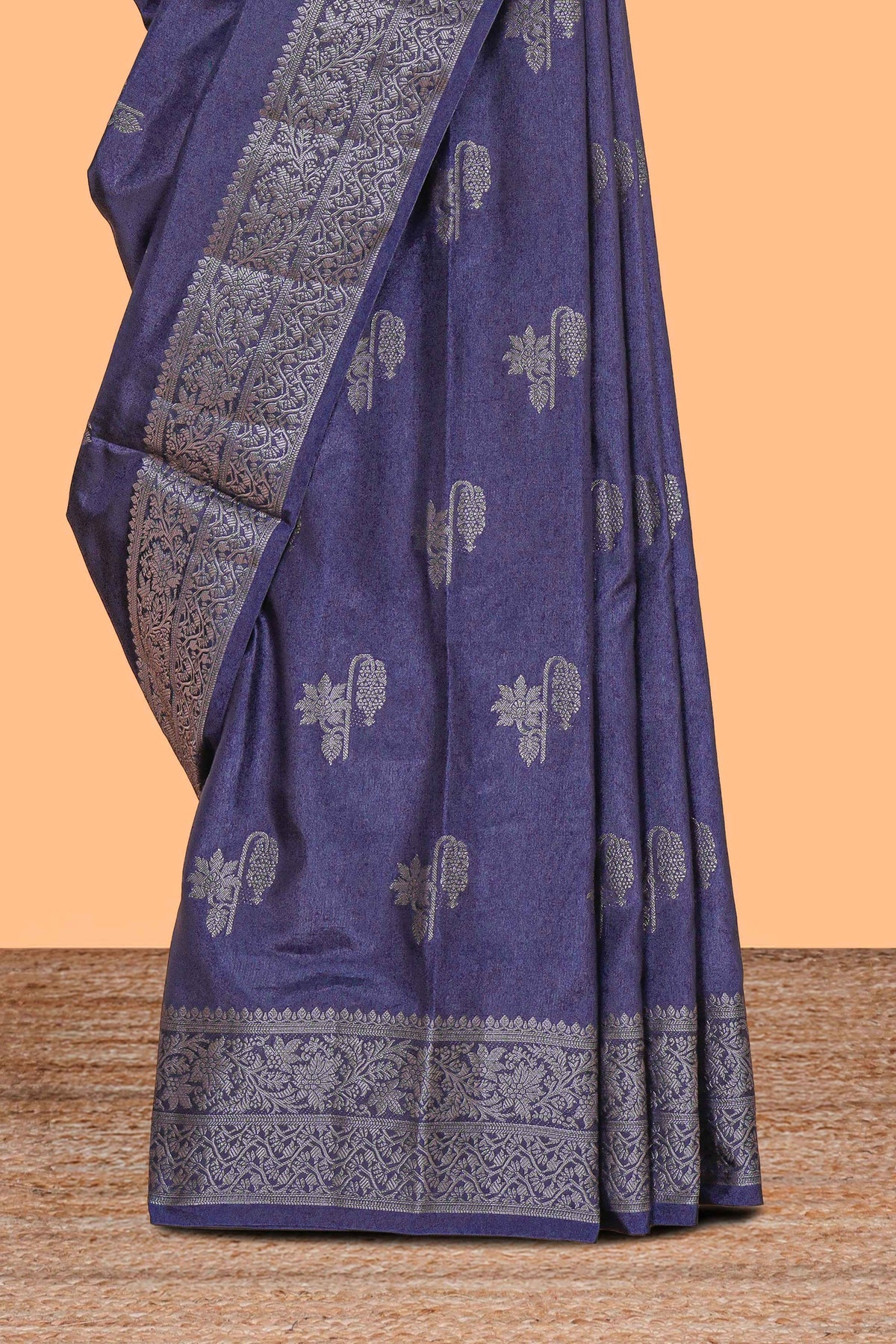 Blue floral zari motifs design raw silk saree with self zari border and contrast motifs blouse
