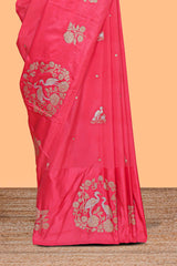 Pink floral zari motifs design raw silk saree with self zari border and matching blouse