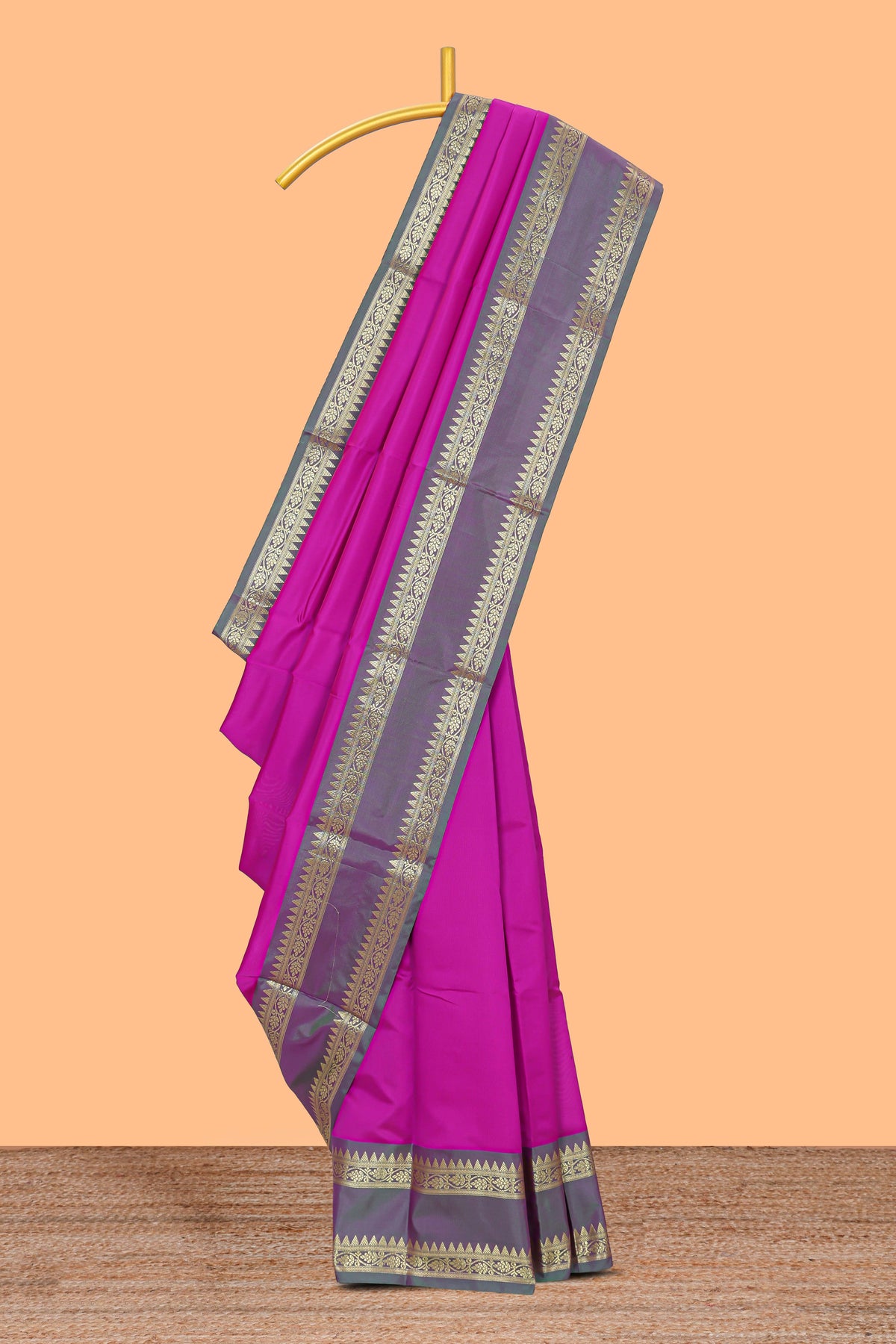 Bright pink plain raw silk saree with contrast bentex border and blouse