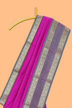 Bright pink plain raw silk saree with contrast bentex border and blouse