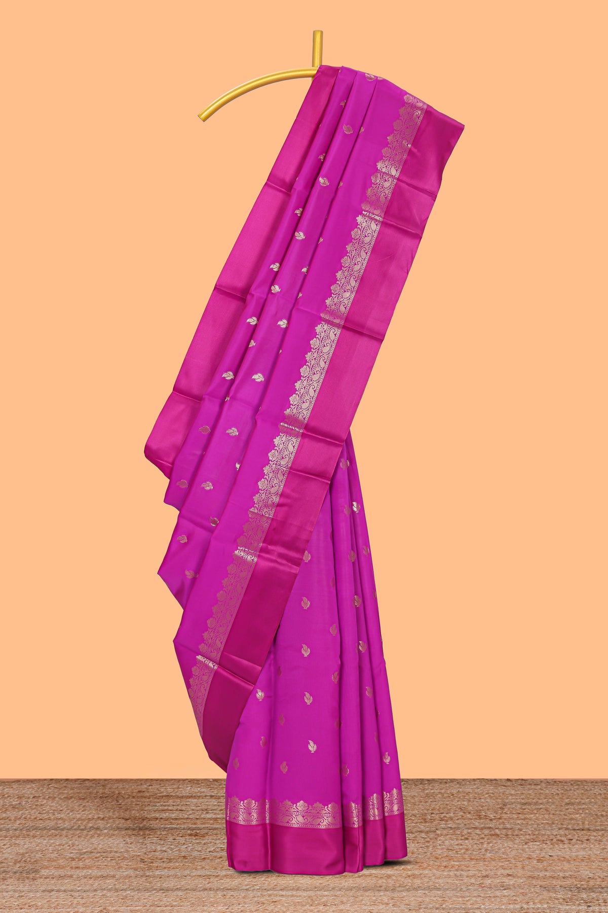 Pink butta designed raw silk saree with self border and matching blouse