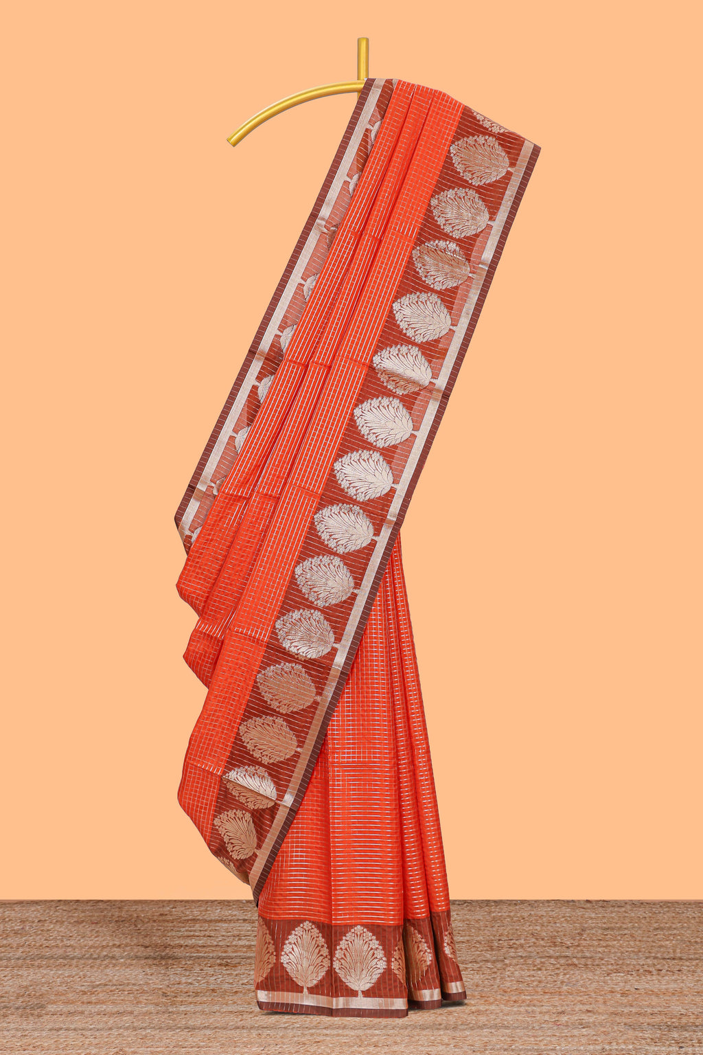 Orange checked raw silk saree with contrast border and matching blouse