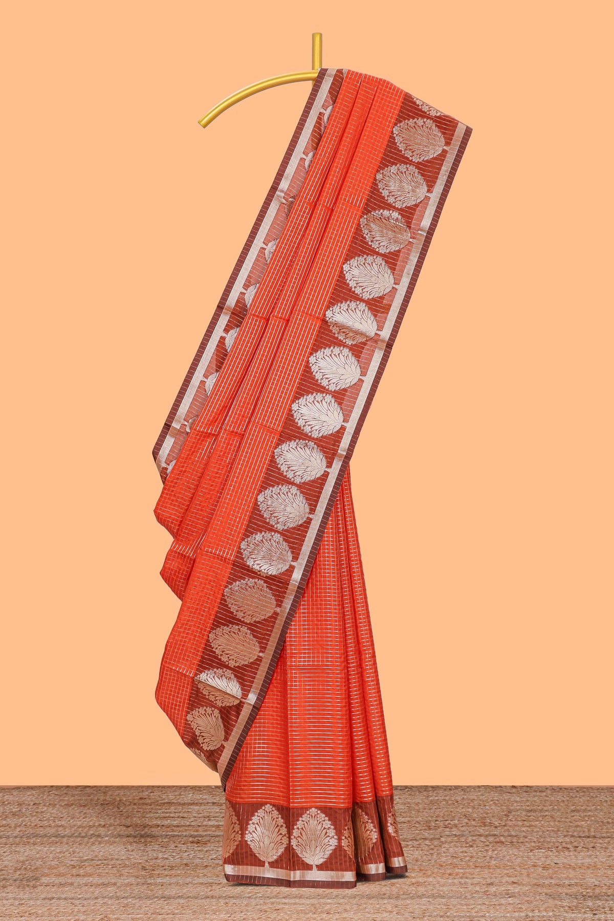 Orange checked raw silk saree with contrast border and matching blouse