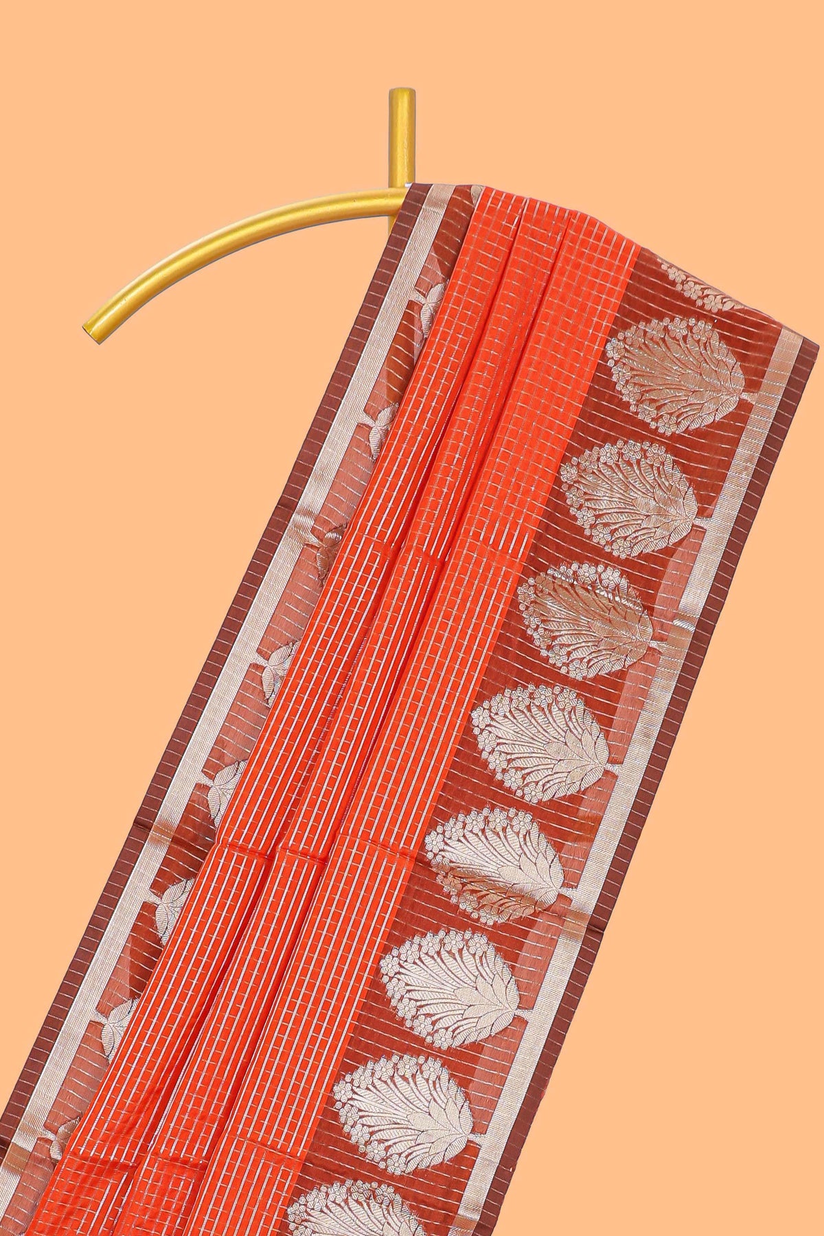 Orange checked raw silk saree with contrast border and matching blouse