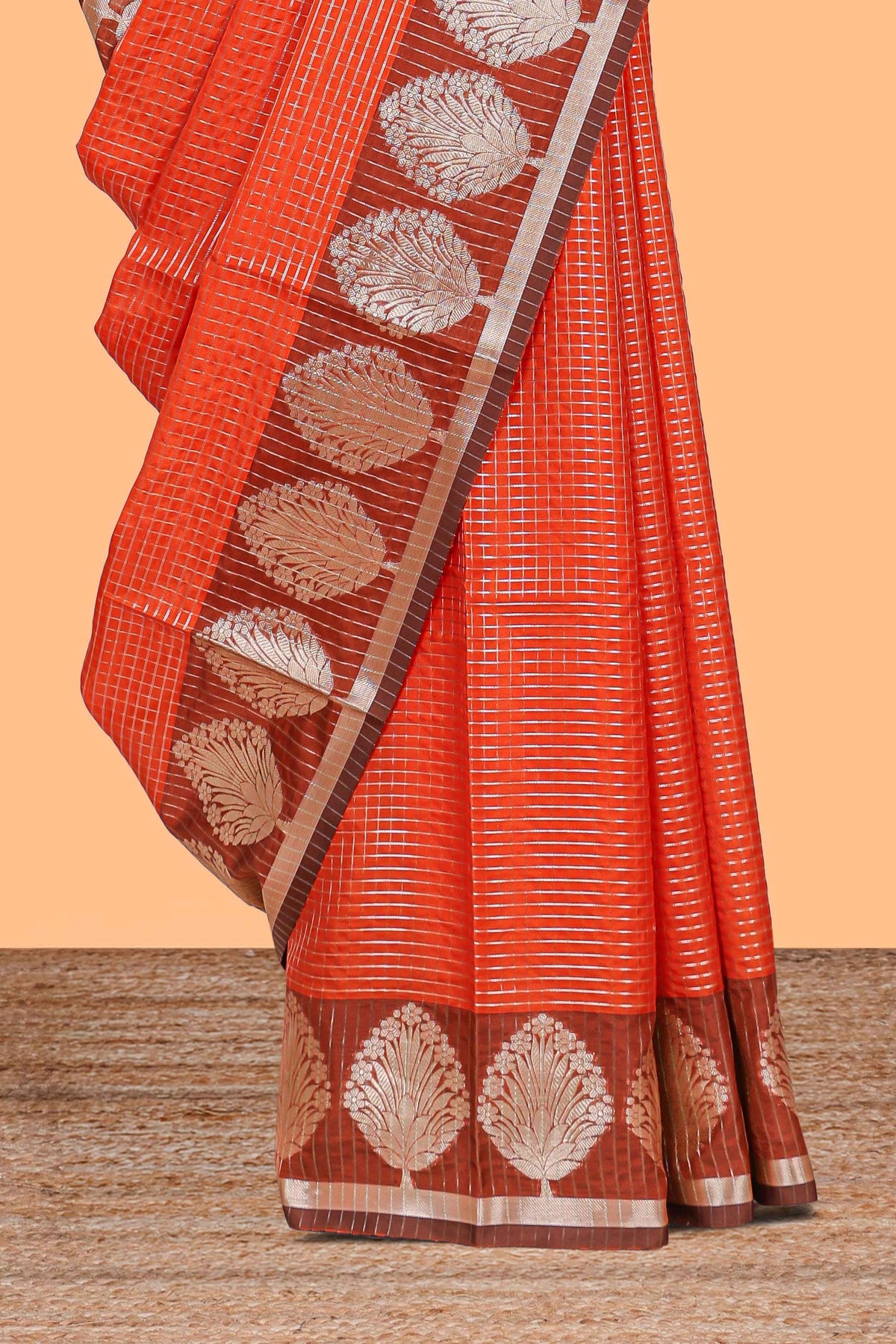 Orange checked raw silk saree with contrast border and matching blouse
