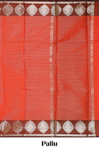 Orange checked raw silk saree with contrast border and matching blouse