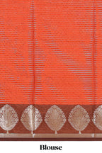 Orange checked raw silk saree with contrast border and matching blouse