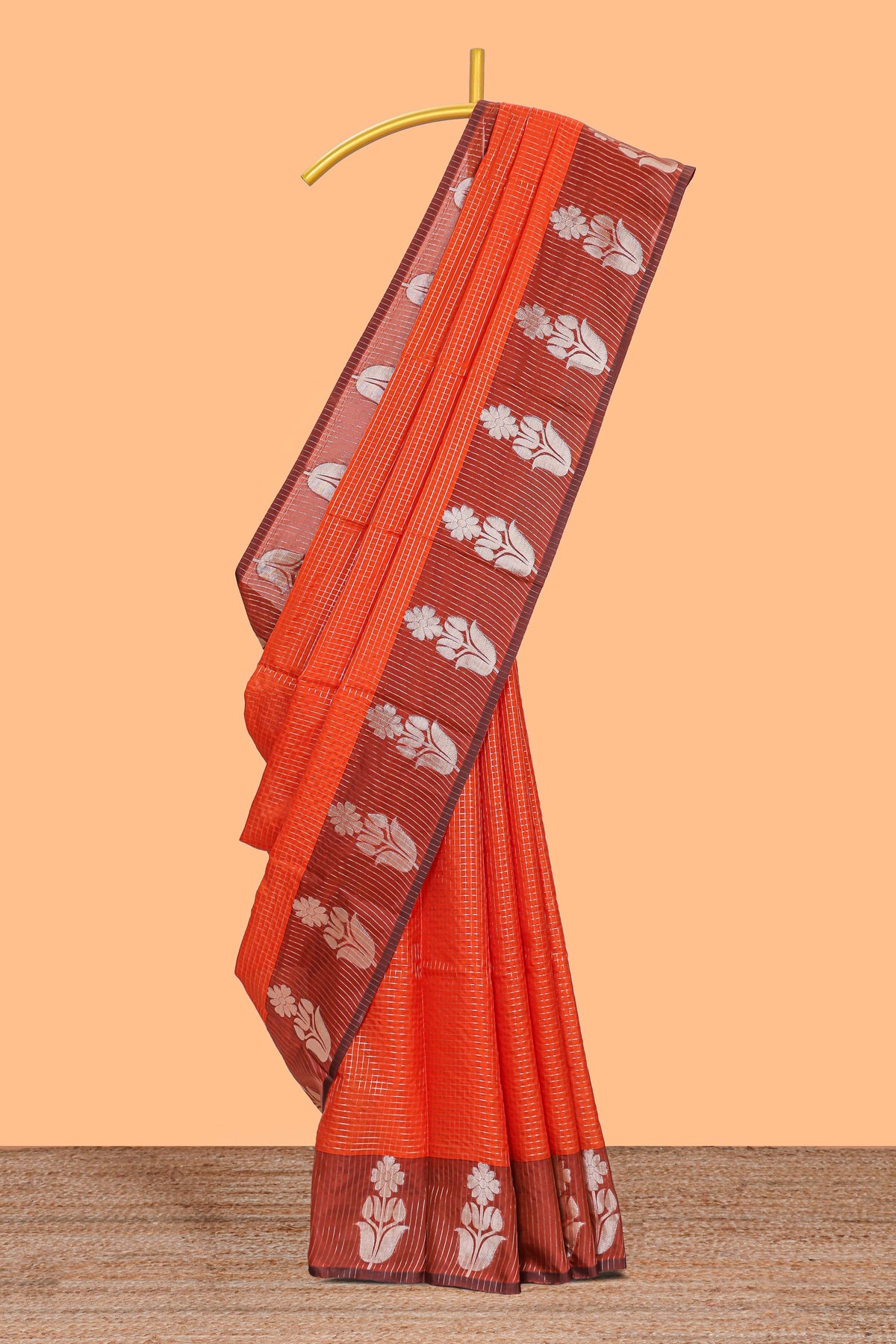Orange checked raw silk saree with contrast border and matching blouse