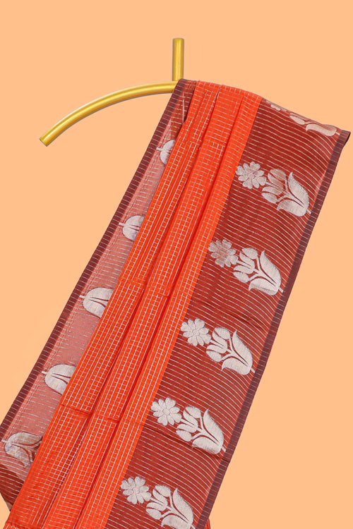 Orange checked raw silk saree with contrast border and matching blouse