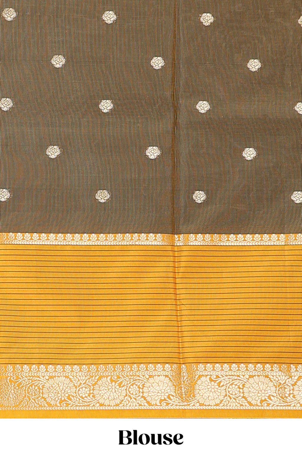 Green butta designed raw silk saree with contrast border and blouse