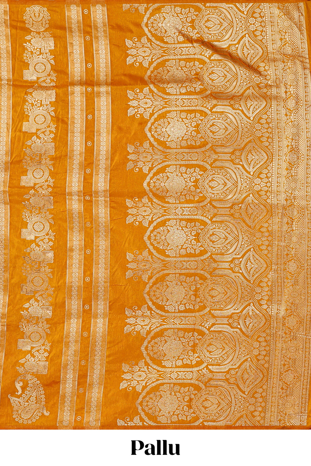 Borderless golden striped zari motifs design raw silk saree with self pallu and matching blouse