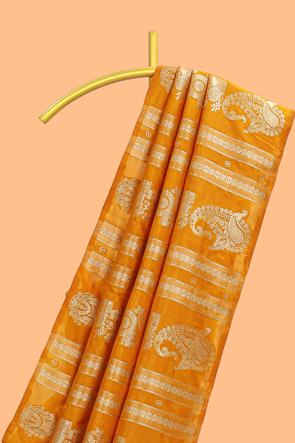 Borderless golden striped zari motifs design raw silk saree with self pallu and matching blouse