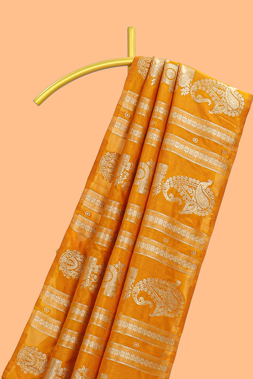 Borderless golden striped zari motifs design raw silk saree with self pallu and matching blouse