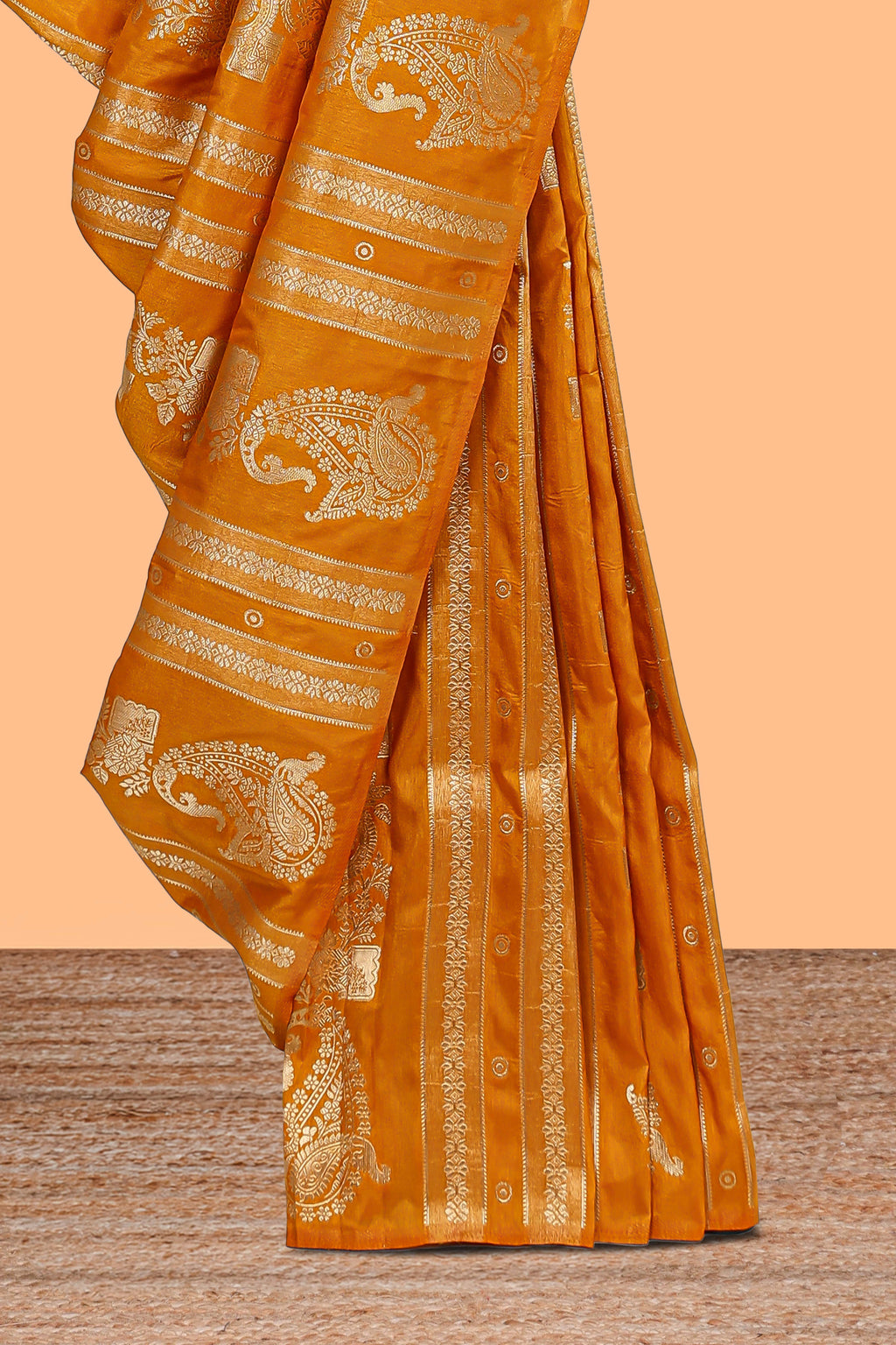 Borderless golden striped zari motifs design raw silk saree with self pallu and matching blouse