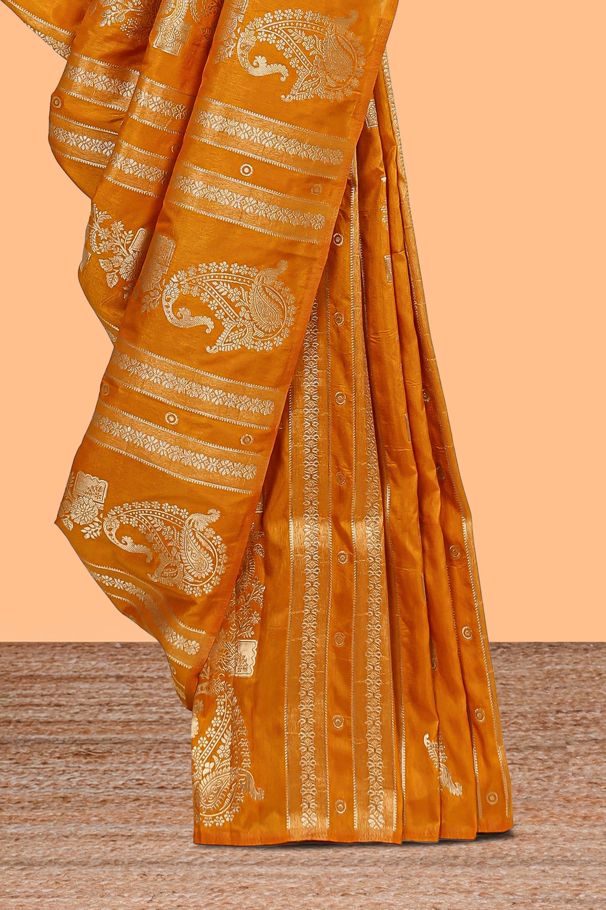 Borderless golden striped zari motifs design raw silk saree with self pallu and matching blouse