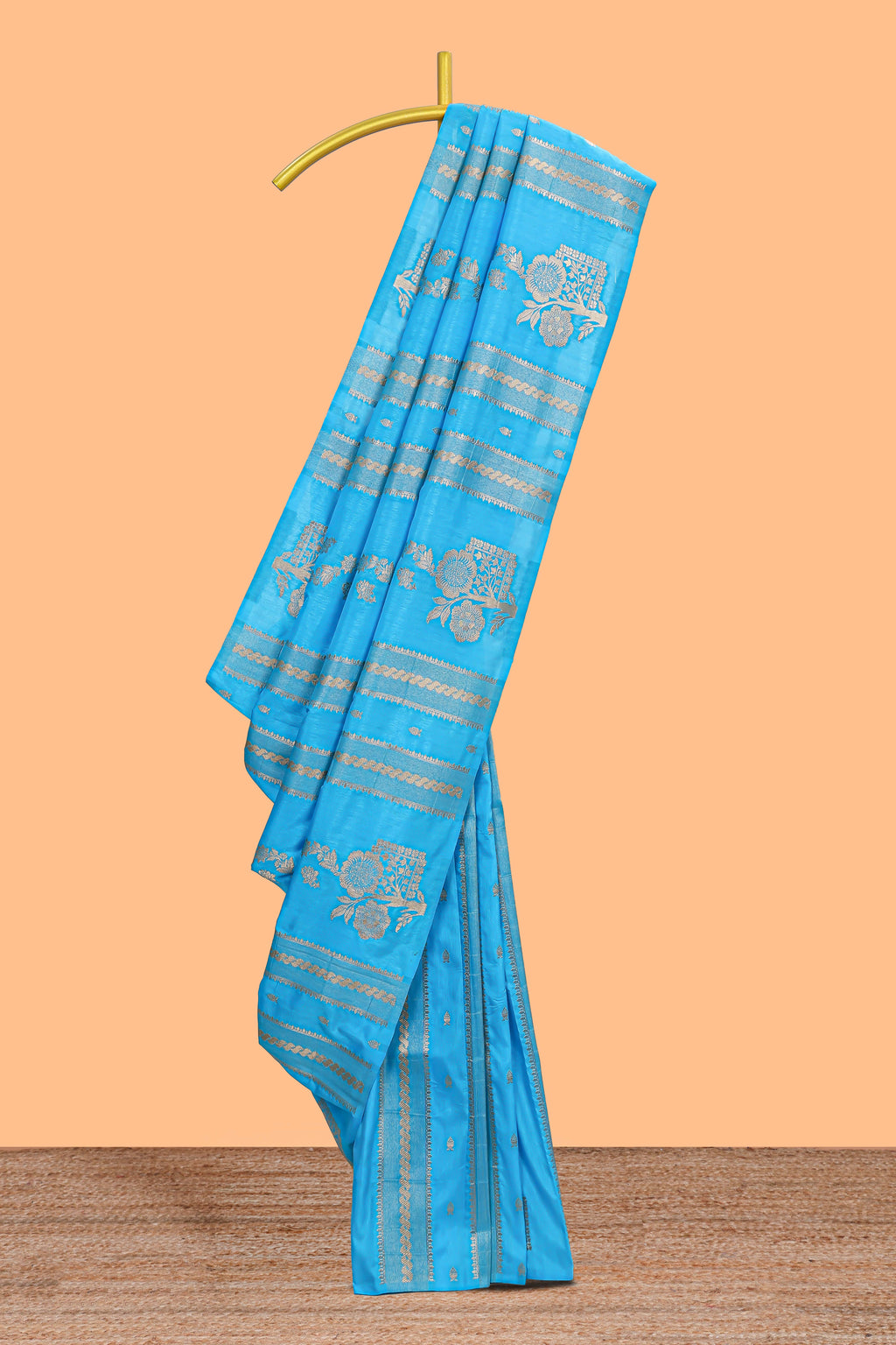 Borderless blue striped zari motifs design raw silk saree with self pallu and matching blouse