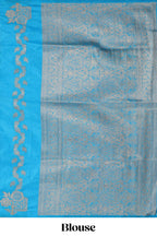 Borderless blue striped zari motifs design raw silk saree with self pallu and matching blouse