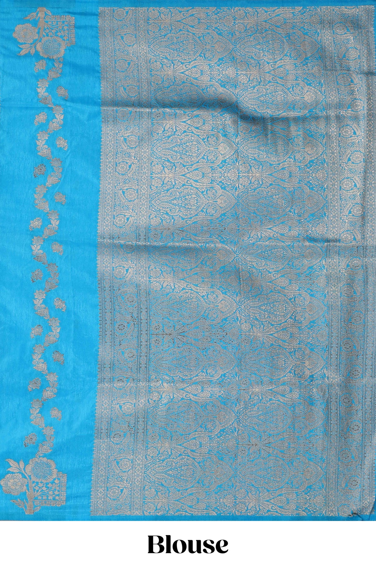 Borderless blue striped zari motifs design raw silk saree with self pallu and matching blouse