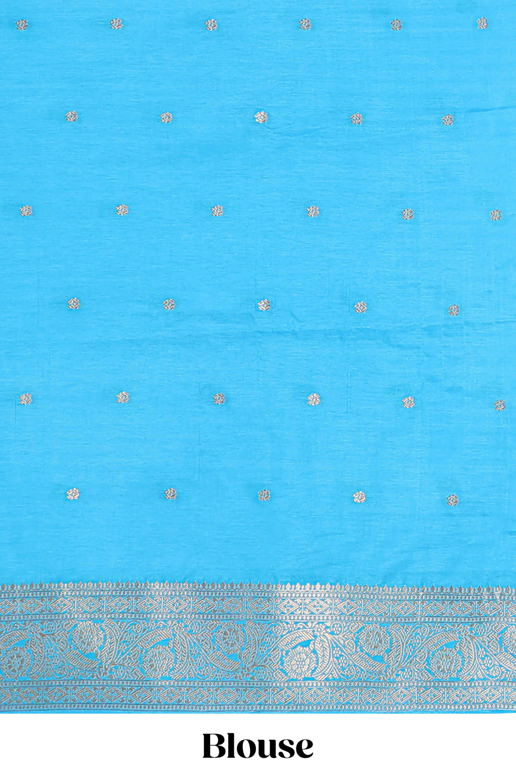 Borderless blue striped zari motifs design raw silk saree with self pallu and matching blouse