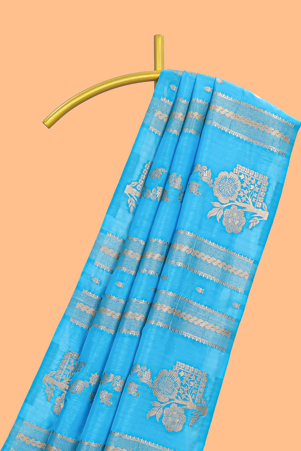 Borderless blue striped zari motifs design raw silk saree with self pallu and matching blouse