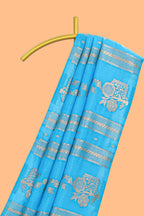 Borderless blue striped zari motifs design raw silk saree with self pallu and matching blouse