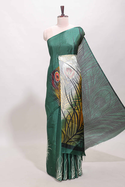 Borderless green peacock feather print south cotton saree with matching blouse