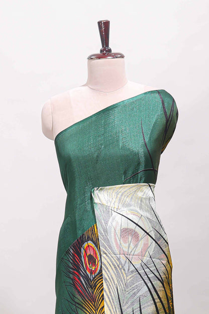 Borderless green peacock feather print south cotton saree with matching blouse