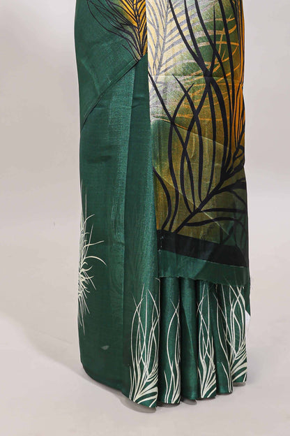 Borderless green peacock feather print south cotton saree with matching blouse