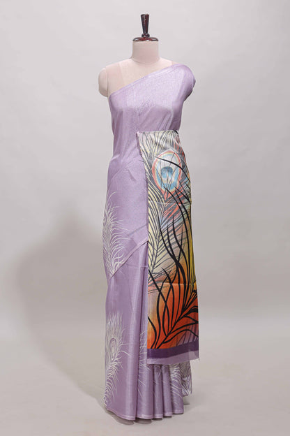 Lavender peacock feather print south cotton saree with matching blouse