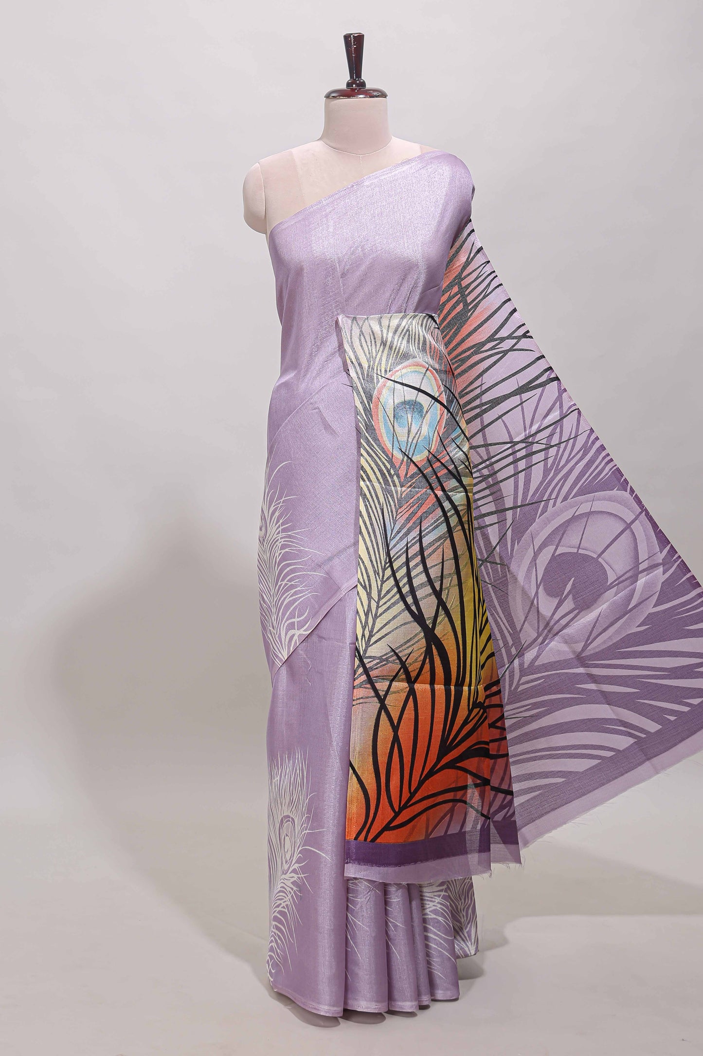 Lavender peacock feather print south cotton saree with matching blouse