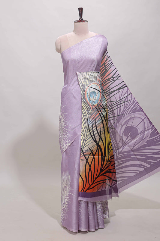 Lavender peacock feather print south cotton saree with matching blouse