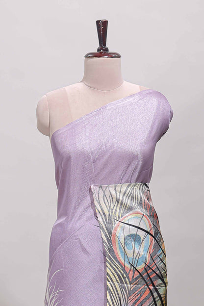 Lavender peacock feather print south cotton saree with matching blouse