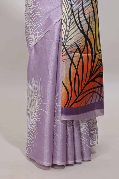 Lavender peacock feather print south cotton saree with matching blouse