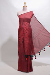 Borderless maroon plain south cotton saree with matching floral print blouse