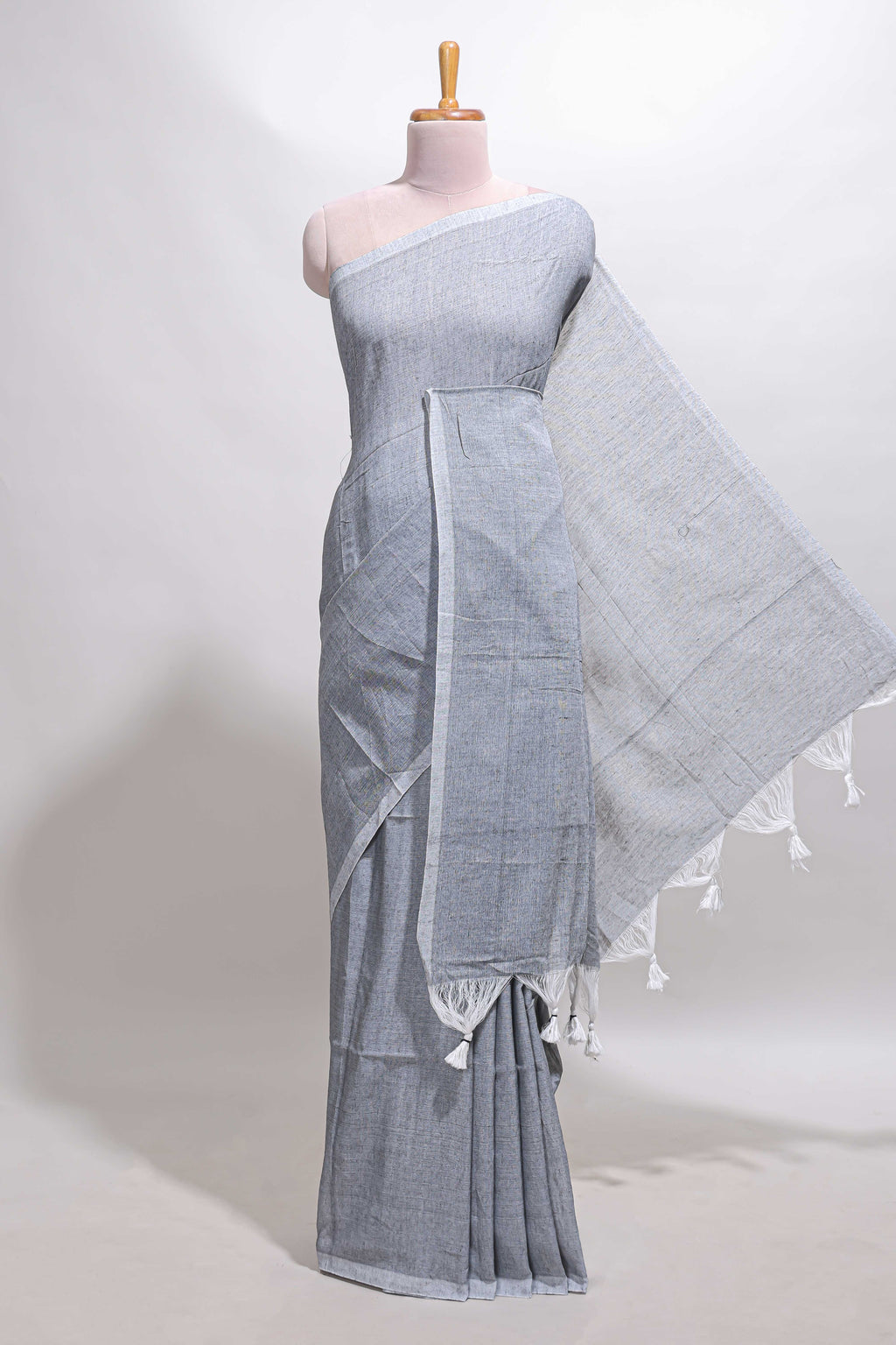 Borderless grey plain south cotton saree with contrast floral print blouse