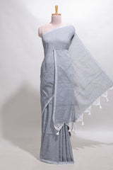 Borderless grey plain south cotton saree with contrast floral print blouse