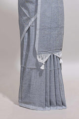 Borderless grey plain south cotton saree with contrast floral print blouse