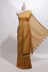 Borderless mustard plain south cotton saree with contrast floral print blouse