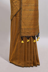 Borderless mustard plain south cotton saree with contrast floral print blouse