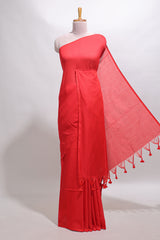 Borderless red plain south cotton saree with contrast floral print blouse