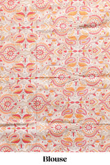 Borderless red plain south cotton saree with contrast floral print blouse