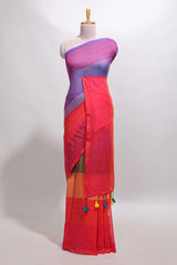 Borderless multi color striped south cotton saree with matching striped blouse