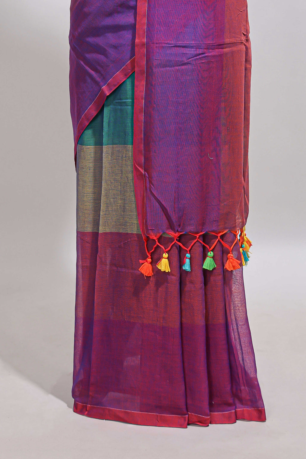 Borderless multi color striped south cotton saree with matching striped blouse