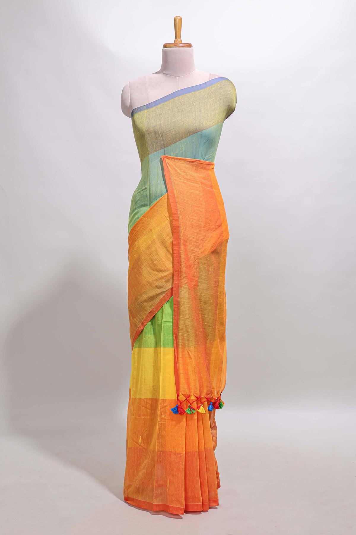 Borderless multi color striped south cotton saree with matching striped blouse