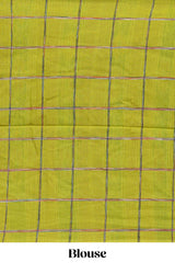 Green checked south cotton saree with contrast border and ikkat style pallu