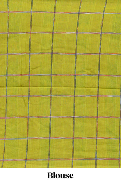 Green checked south cotton saree with contrast border and ikkat style pallu