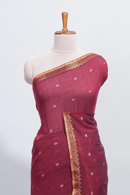 Maroon thread butta south cotton saree with self zari border and matching pallu