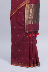 Maroon thread butta south cotton saree with self zari border and matching pallu